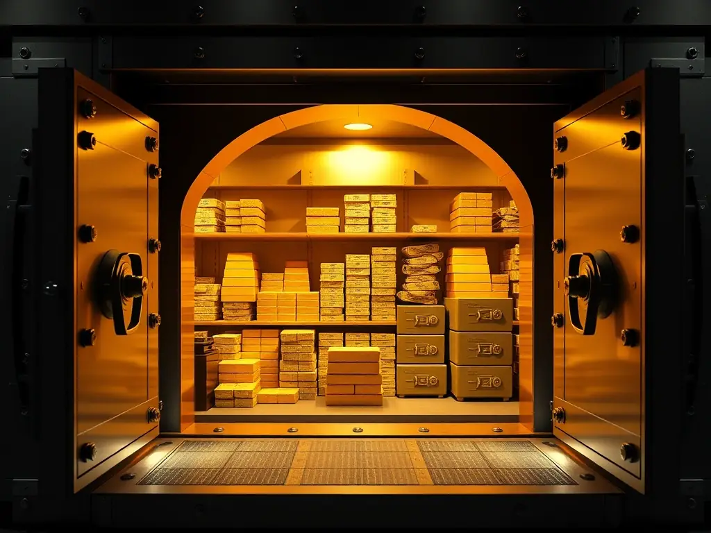 An image showcasing a secure vault with gold bars and currency, representing wealth preservation and growth through strategic wealth management.