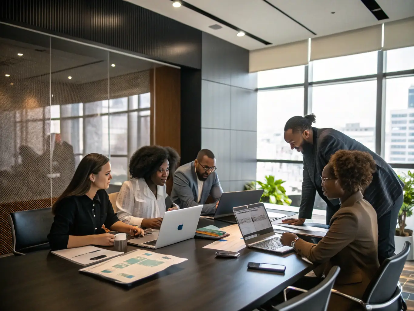An image depicting a diverse group of South African professionals collaborating on financial planning in a modern office setting, symbolizing teamwork and strategic financial solutions.